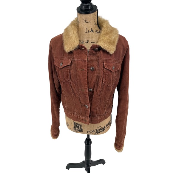 Arizona Jean Company Jackets & Blazers - Vtg Arizona Jean Co Corduroy Jacket Faux Fur Collar Rust XL Y2K Cropped 90s